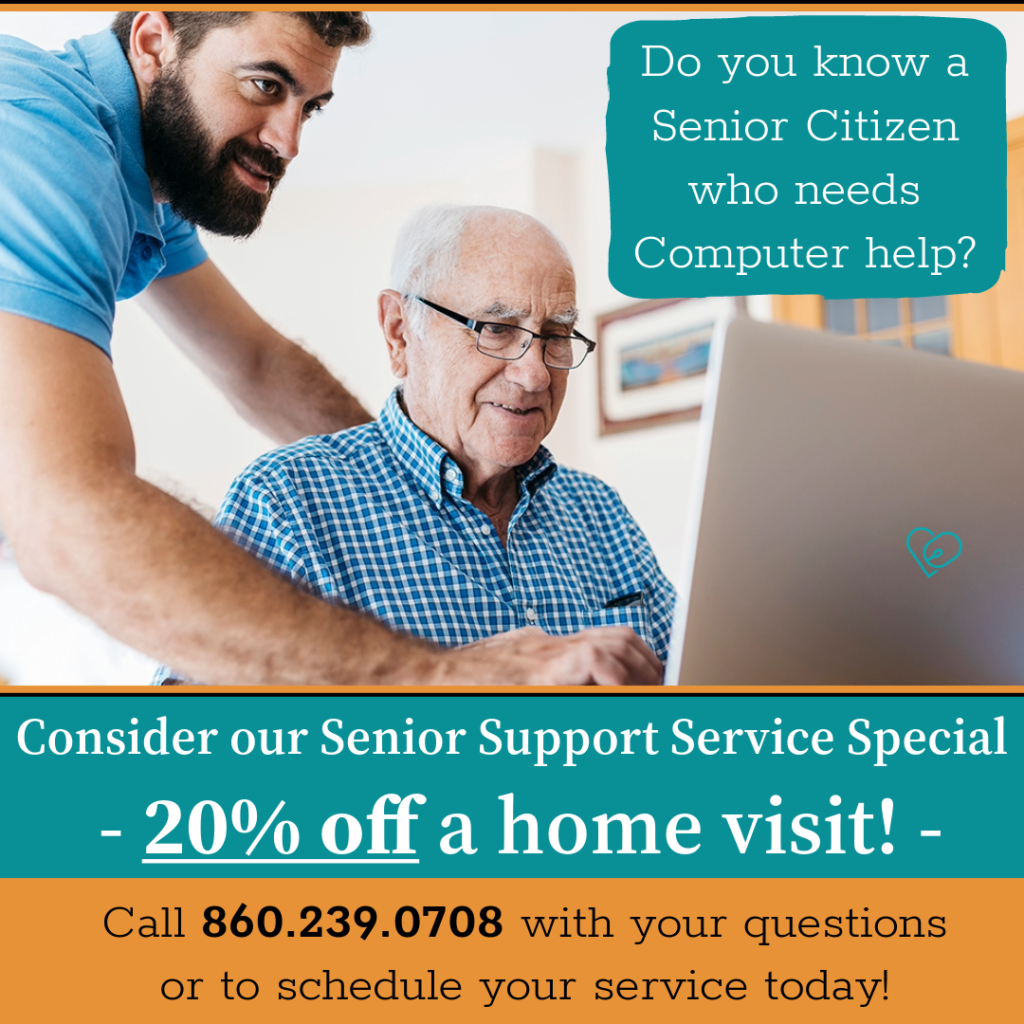 Text: Do you know a Senior Citizen who needs Computer help? Consider our Senior Support Service Special - 20% off a home visit!
Call 860.239.0708 with your questions or to schedule your service today! 

Image: Younger man leaning over an older man, with his hand on a computer mouse and the back of the older mans chair. both men are looking at the computer screen, the younger man looks like he is showing something to the older man, who is smiling 
